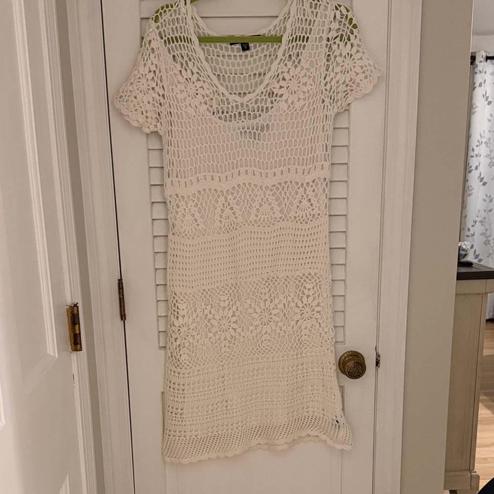 Fever White Crochet Knit Short Sleeve Dress